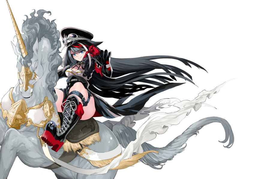 azur_lane bad_id bad_pixiv_id black_hair blue_eyes boots breasts buckle commentary_request cover_image cross deutschland_(azur_lane) eyewear_on_headwear female gloves goggles goggles_on_headwear hat high_heel_boots high_heels horseback_riding iron_cross leg_belt long_hair looking_at_viewer multicolored_hair partial_commentary platform_boots platform_footwear riding simple_background smile solo takeakigaku thigh_strap unicorn very_long_hair white_background