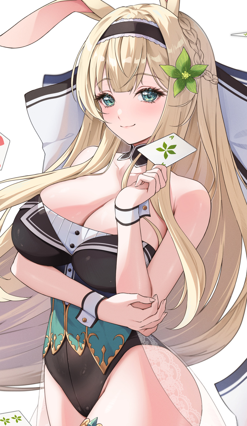 animal_ears blonde_hair blue_eyes blush breasts bupleurum_(flower_knight_girl) cleavage commission crossed_arms female flower flower_knight_girl hair_flower hair_ornament hairband highres iroha_(unyun) large_breasts leotard long_hair looking_at_viewer nonstandard_playing_card playboy_bunny rabbit_ears simple_background skeb_commission smile solo upper_body white_background wrist_cuffs