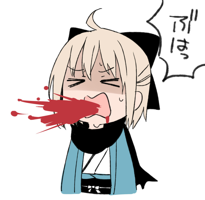 ahoge bad_id bad_pixiv_id blonde_hair blood closed_eyes closed_mouth coughing_blood danimaru eyebrows_hidden_by_hair fate/grand_order fate_(series) female hair_ribbon haori highres japanese_clothes okita_souji_(fate) okita_souji_(koha-ace) open_mouth ribbon scarf short_hair simple_background solo translated vomiting_blood white_background