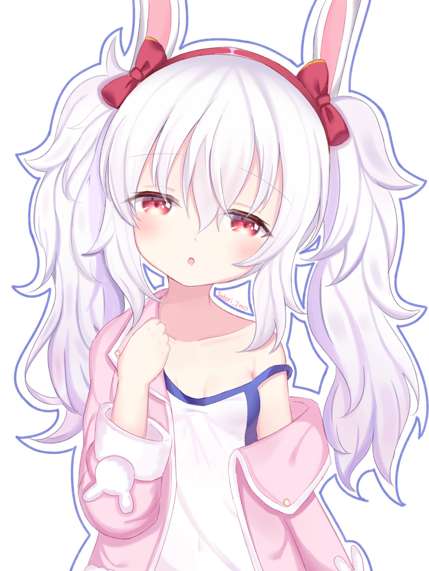 :o absurdres animal_ears azur_lane bare_shoulders bow breasts camisole collarbone commentary_request covered_navel drooling female hair_between_eyes hairband hand_up highres jacket laffey_(azur_lane) long_hair long_sleeves looking_at_viewer mouth_drool off_shoulder open_clothes open_jacket outline parted_lips pink_jacket rabbit_ears red_bow red_eyes red_hairband satori_(ymoy) simple_background small_breasts solo strap_slip twintails upper_body white_background white_camisole white_hair