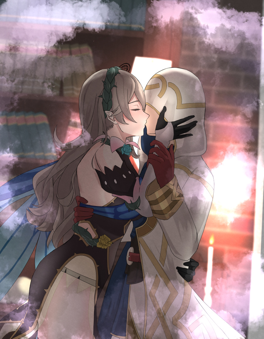 1boy absurdres cloak closed_eyes corrin_(female)_(fire_emblem) corrin_(female)_(resplendent)_(fire_emblem) corrin_(fire_emblem) couple faceless faceless_male female fire_emblem fire_emblem_fates fire_emblem_heroes hands_on_another's_face highres hood hood_up hooded_cloak kiran_(fire_emblem) kiran_(male)_(fire_emblem) kissing official_alternate_costume peli_cantaro pointy_ears straight wing_cape