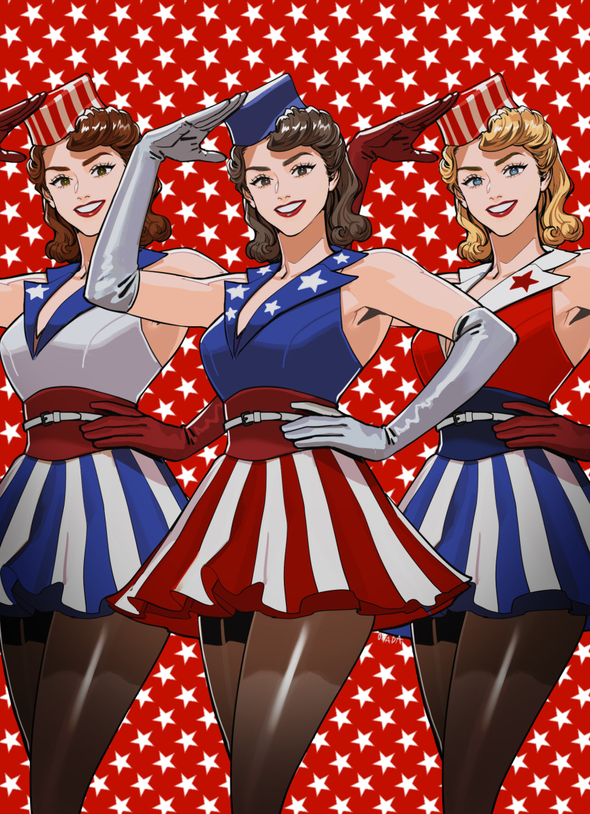 3girls absurdres animification blonde_hair blue_headwear brown_hair brown_legwear captain_america:_the_first_avenger captain_america_(series) cowboy_shot dress gloves grey_gloves hand_on_own_hip hat highres marvel marvel_cinematic_universe multiple_girls okada_(hoooojicha) original pantyhose patterned_background red_gloves salute sleeveless sleeveless_dress star_(symbol) star_print striped_clothes striped_headwear