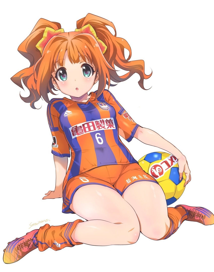 :o albirex_niigata ball blue_eyes cleats female highres holding holding_ball idolmaster idolmaster_(classic) inoue_sora j._league jersey open_mouth orange_footwear orange_hair orange_shorts shorts sitting soccer_ball soccer_uniform solo sportswear striped takatsuki_yayoi twintails white_background