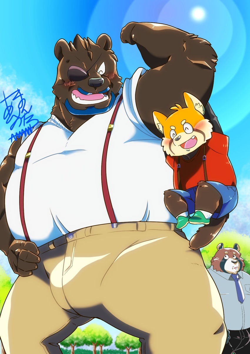 2020 ailurid anthro bear beard blush bottomwear bumomomoboa canid canine closed_eyes clothing eye_patch eyewear facial_hair group hi_res kemono male mammal necktie outside overweight overweight_male pants raccoon_dog red_panda shirt shorts tanuki topwear