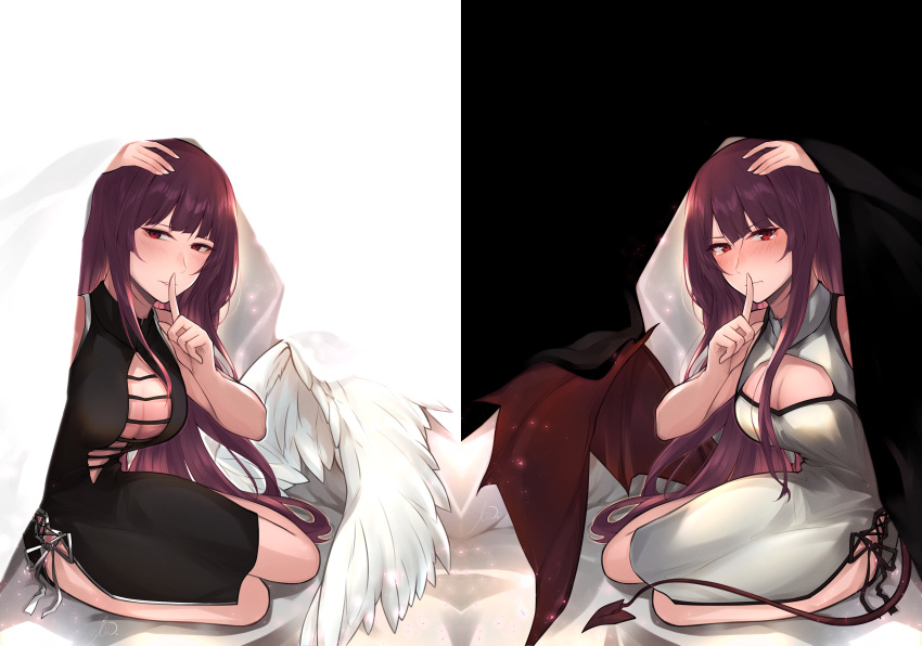 absurdres angel_wings bed black_dress black_vs_white blush breasts cleavage closed_mouth cross-laced_slit demon_wings dress feathered_wings finger_to_mouth girls'_frontline hand_on_own_head highres ladder_cutout long_hair looking_at_viewer lying medium_breasts on_side purple_hair red_eyes stigmamyu tears wa2000_(girls'_frontline) white_dress wings