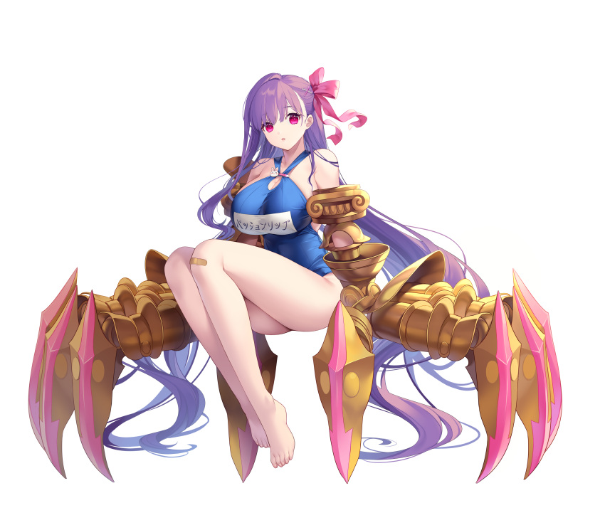 absurdly_long_hair absurdres bandaid bandaid_on_knee bandaid_on_leg barefoot blue_one-piece_swimsuit breasts character_name claw_(weapon) claws cleavage commentary eyebrows_hidden_by_hair fate/extra fate/extra_ccc fate/extra_ccc_fox_tail fate/grand_order fate_(series) feet female full_body hair_ribbon highres huge_breasts legs long_hair looking_at_viewer may_(2747513627) name_tag one-piece_swimsuit parted_lips passionlip_(fate) pink_eyes pink_ribbon purple_hair ribbon school_swimsuit solo swimsuit symbol-only_commentary teeth toenails toes transparent_background very_long_hair weapon