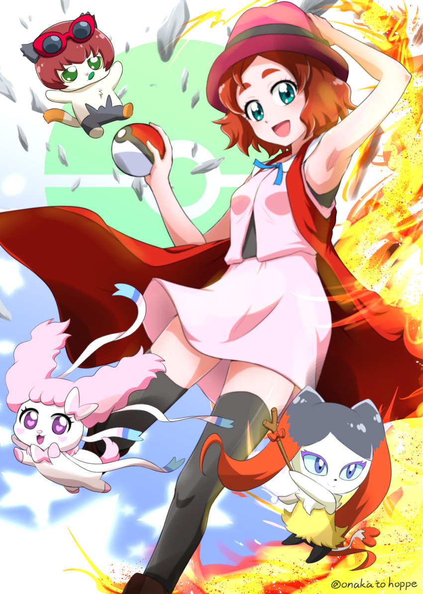 :d absurdres animal_nose armpits black_fur black_thighhighs blue_ribbon braixen braixen_(cosplay) brown_hair commentary_request cosplay female go!_princess_precure green_eyes hand_on_headwear haruno_haruka hat highres holding holding_poke_ball holding_stick kuroro_(go!_princess_precure) looking_at_viewer miniskirt miss_siamour neck_ribbon nita_(onakatohoppe) open_mouth pancham pancham_(cosplay) pink_shirt pink_skirt poke_ball poke_ball_(basic) poke_ball_symbol pokemon pokemon_(anime) pokemon_xy_(anime) precure puff_(go!_princess_precure) red_hat ribbon serena_(pokemon) serena_(pokemon)_(cosplay) shirt short_hair skirt sleeveless sleeveless_shirt smile solo stick sylveon sylveon_(cosplay) thighhighs white_fur yellow_fur zettai_ryouiki