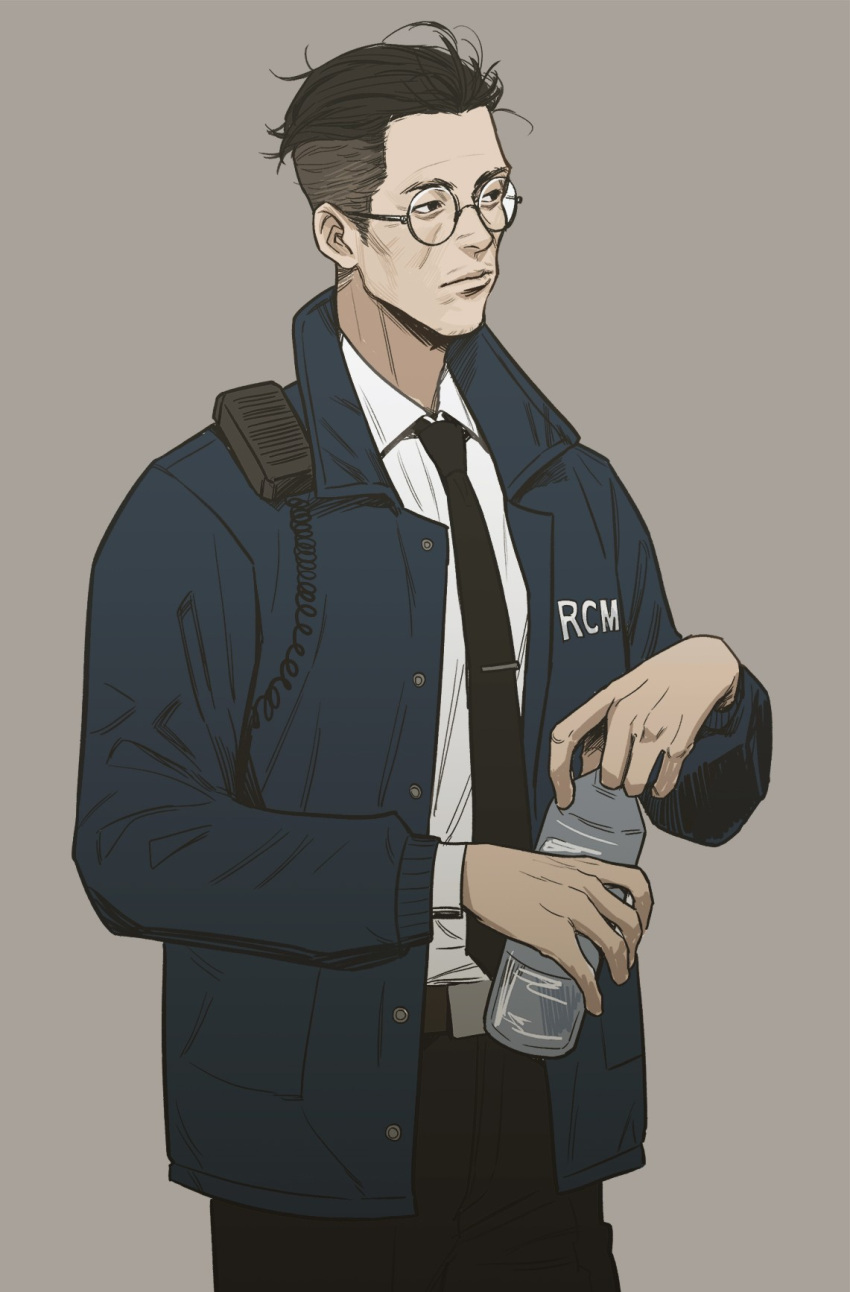 1boy bad_id bad_postype_id belt black_hair bottle cheetahman_(1ddghfr78cswc) disco_elysium glasses hair_slicked_back highres holding jacket kim_kitsuragi male_focus necktie pants police police_uniform round_eyewear shirt short_hair simple_background solo tie_clip undercut uniform walkie-talkie white_shirt