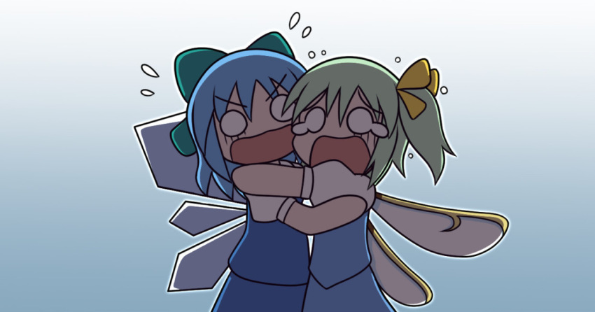 2girls :o blue_background blue_hair blue_skirt blue_vest bow cirno commentary_request cowboy_shot daiyousei fairy_wings flying_sweatdrops gradient_background green_bow green_hair hairbow hug ice ice_wings multiple_girls o_o open_mouth puffy_short_sleeves puffy_sleeves rakugaki-biyori scared shadow shirt short_hair short_sleeves side_ponytail simple_background skirt skirt_set touhou v-shaped_eyebrows vest white_shirt wings yellow_bow