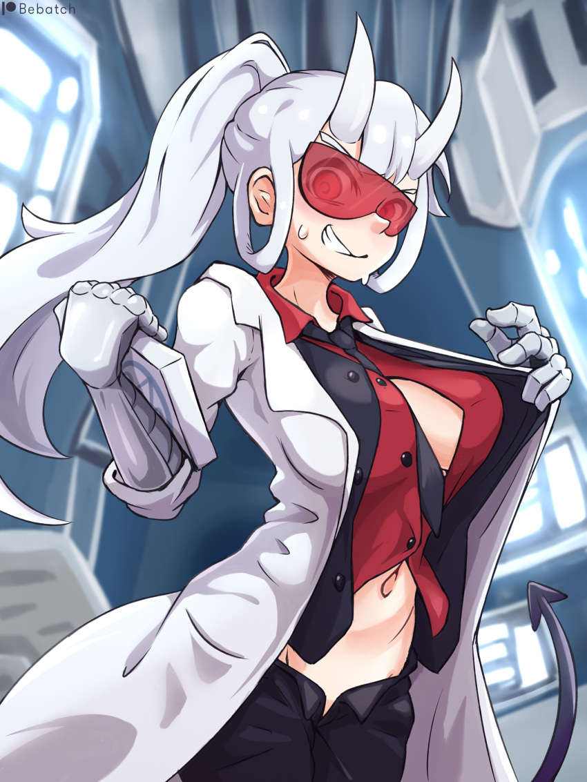 artist_name bebatch between_breasts black_necktie black_pants black_vest blurry blurry_background breasts commentary_request cowboy_shot demon_girl demon_tail female formal grin helltaker highres holding horns lab_coat large_breasts long_hair long_sleeves looking_at_viewer loremaster_(helltaker) mixed-language_commentary navel necktie necktie_between_breasts open_clothes open_pants open_vest pants ponytail red-tinted_eyewear red_shirt revision shirt short_hair smile solo standing suit sweatdrop tail tinted_eyewear unbuttoned vest white_hair