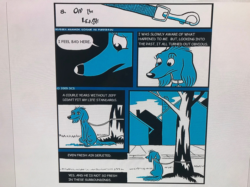 2009 4:3 anthro blue_body building canid canine canis collar dana_simpson dialogue domestic_dog english_text female hi_res house leash mammal plant raine_(rainedog) rainedog simple_background solo text tree