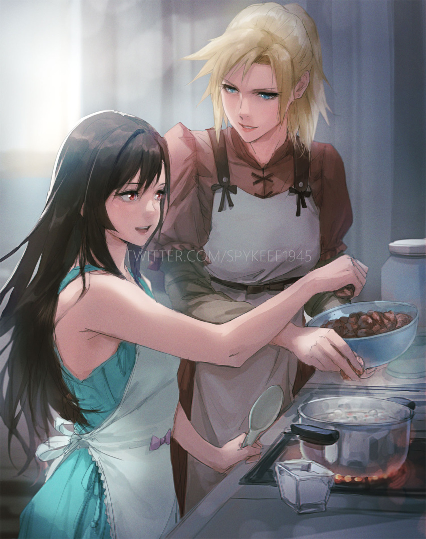 1boy aged_down alternate_hairstyle apron black_hair blonde_hair blue_eyes claudia_strife cooking female final_fantasy final_fantasy_vii final_fantasy_vii_remake highres long_hair open_mouth ribbon smile spykeee tifa_lockhart