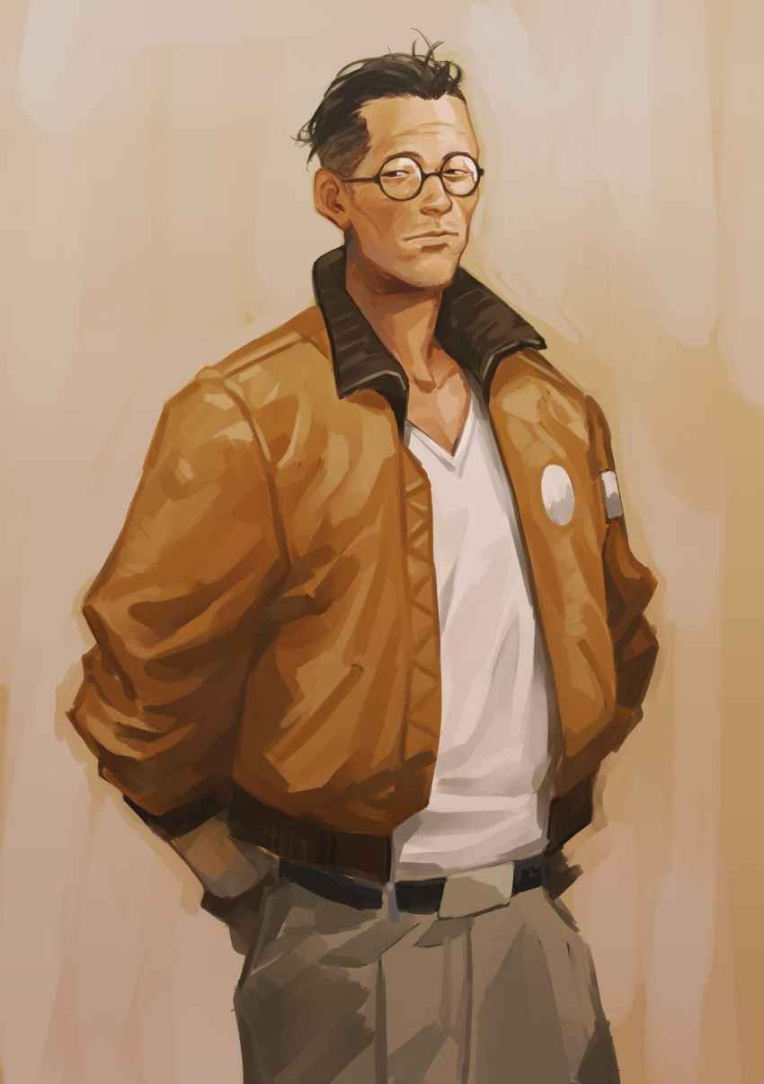 1boy arms_behind_back belt black_hair bomber_jacket cheetahman_(1ddghfr78cswc) disco_elysium glasses hair_slicked_back highres jacket kim_kitsuragi male_focus pants round_eyewear shirt short_hair simple_background solo standing t-shirt undercut white_shirt