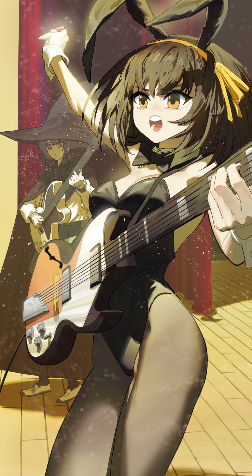 2girls absurdres animal_ears arm_up black_leotard brown_eyes brown_hair commentary_request fake_animal_ears ghdwid god_knows... guitar hair_ribbon hairband hat highres holding holding_instrument instrument kita_high_school_uniform leotard multiple_girls nagato_yuki official_alternate_costume open_mouth pantyhose playboy_bunny purple_hair rabbit_ears ribbon school_uniform short_hair solo_focus suzumiya_haruhi suzumiya_haruhi_no_yuuutsu teeth winter_uniform witch_hat wrist_cuffs yellow_hairband yellow_ribbon