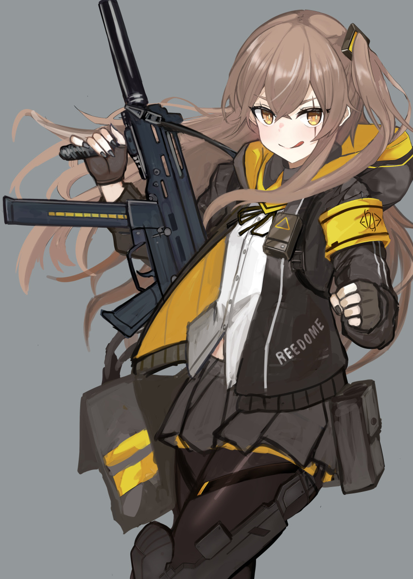 404_logo_(girls'_frontline) :q absurdres armband black_gloves black_nails black_skirt brown_hair commentary_request cowboy_shot female fingerless_gloves girls'_frontline gloves grey_background gun h&k_ump hair_between_eyes highres holding holding_gun holding_weapon hood hood_down hooded_jacket jacket koenza_botoke licking_lips looking_at_viewer nail_polish one_side_up pantyhose pleated_skirt scar scar_across_eye shirt simple_background skirt smile solo submachine_gun tongue tongue_out ump45_(girls'_frontline) weapon white_shirt yellow_armband yellow_eyes