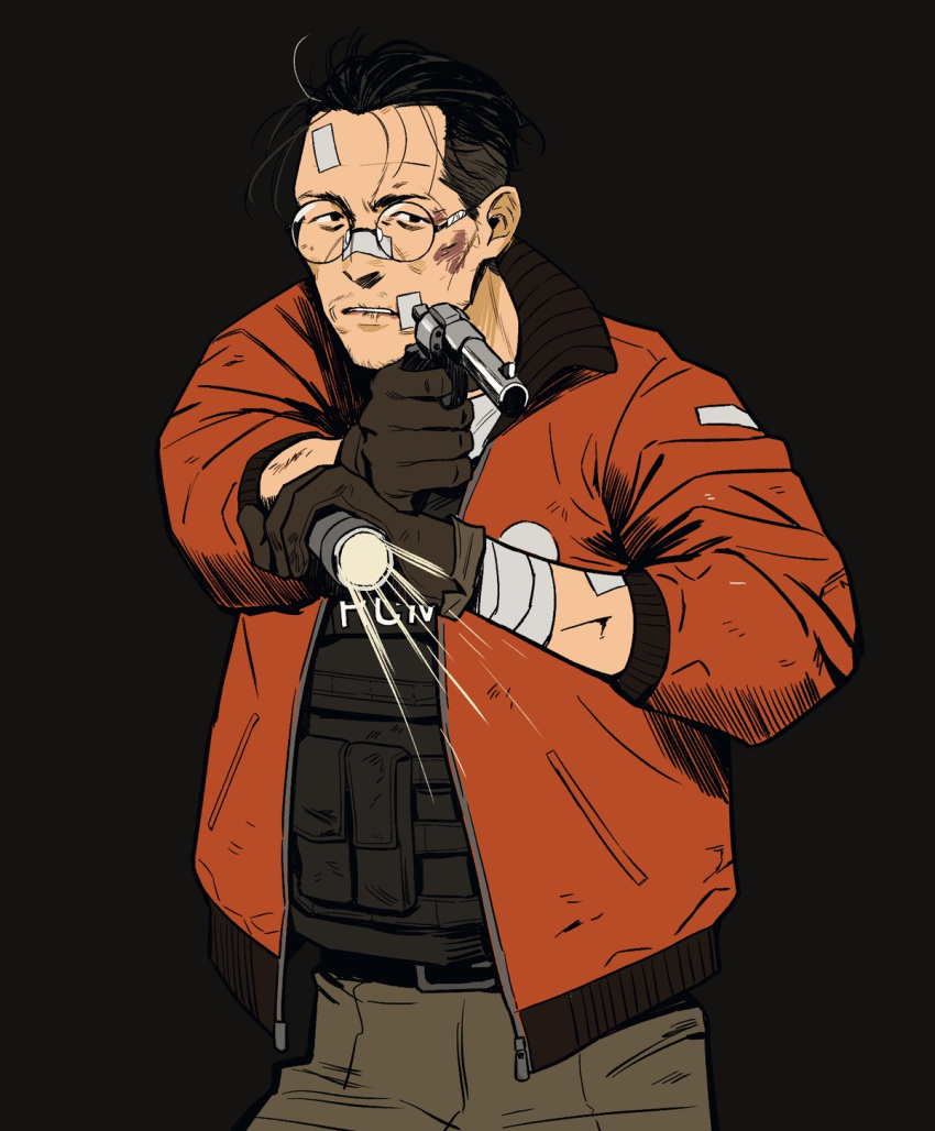 1boy bad_id bad_postype_id bandages bandaid bandaid_on_face bandaid_on_nose belt black_background black_hair bomber_jacket bulletproof_vest cheetahman_(1ddghfr78cswc) disco_elysium flashlight glasses gloves gun hair_slicked_back highres holding holding_gun holding_weapon injury jacket kim_kitsuragi male_focus pants parted_lips pointing_gun pointing_weapon round_eyewear short_hair simple_background solo undercut weapon