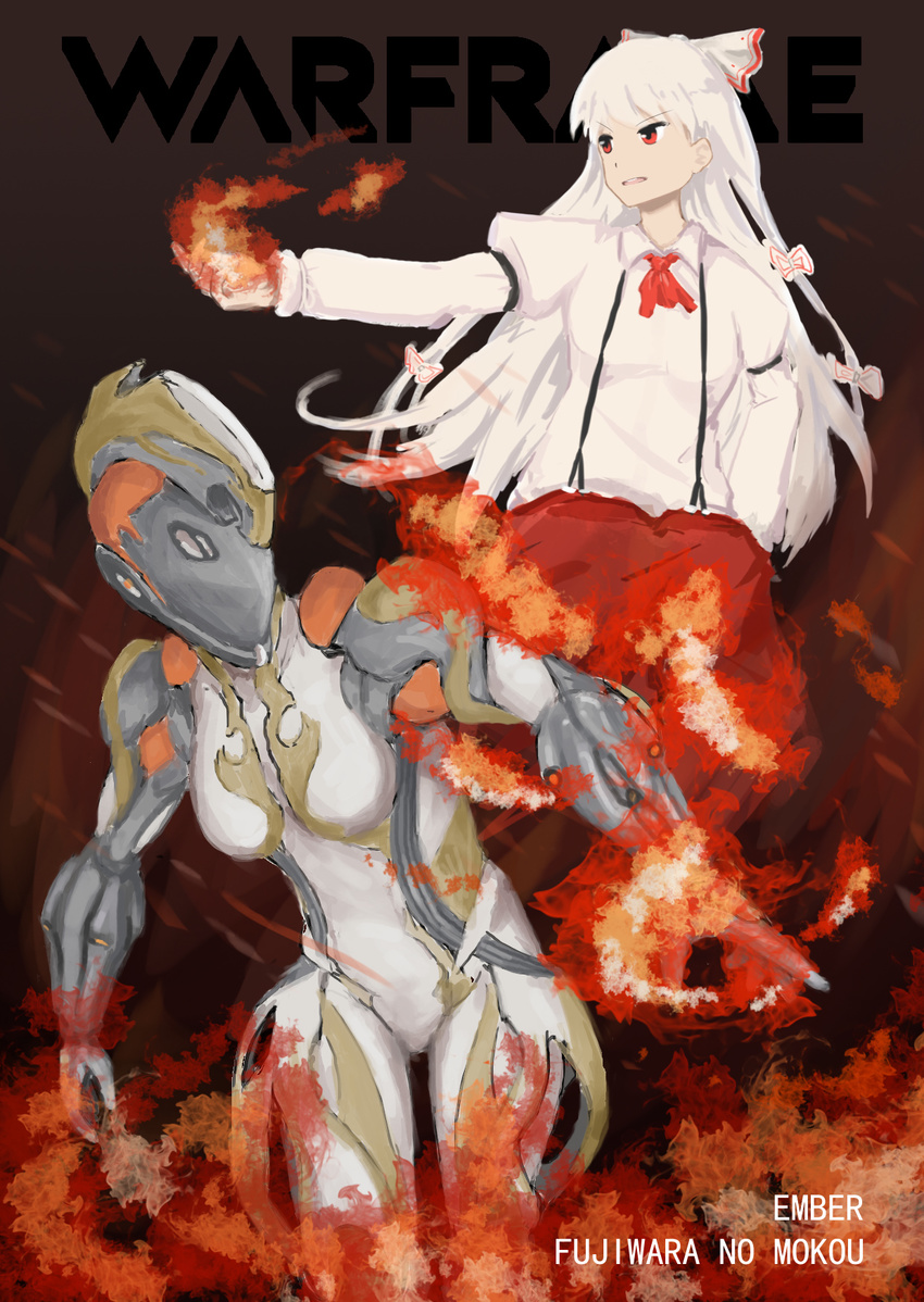 bodysuit bow breasts character_name commentary_request copyright_name crossover ember_(warframe) female fire fujiwara_no_mokou hairbow hand_in_pocket helmet highres ikastep long_hair medium_breasts photoshop_(medium) power_connection pyrokinesis red_eyes ribbon suspenders touhou very_long_hair warframe white_hair