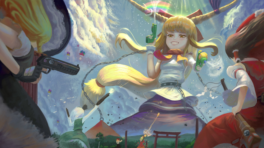 aki_minoriko aki_shizuha blonde_hair blue_sky brown_hair cirno cloud commentary day dual_wielding giant giantess gun hair_tubes hakurei_reimu handgun hat highres holding holding_water_gun ibuki_suika japanese_clothes kirisame_marisa konpaku_youmu miko multiple_girls rainbow rifle rocket_launcher shotgun sky teasmacker touhou water_gun weapon what white_hair witch witch_hat