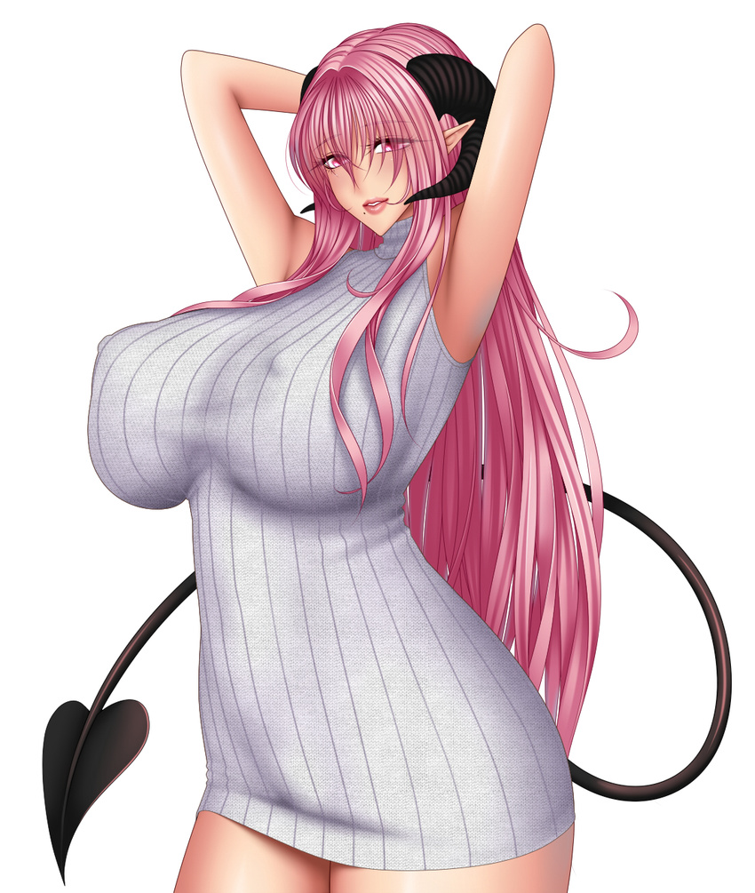 armpits baru_(val-val) breasts demon_girl demon_tail erect_nipples female female goat_horns hand_behind_head horns huge_breasts lips long_hair looking_at_viewer may_(baru) mole no_bra original pink_eyes pink_hair pointy_ears simple_background solo standing succubus sweater tail white_background