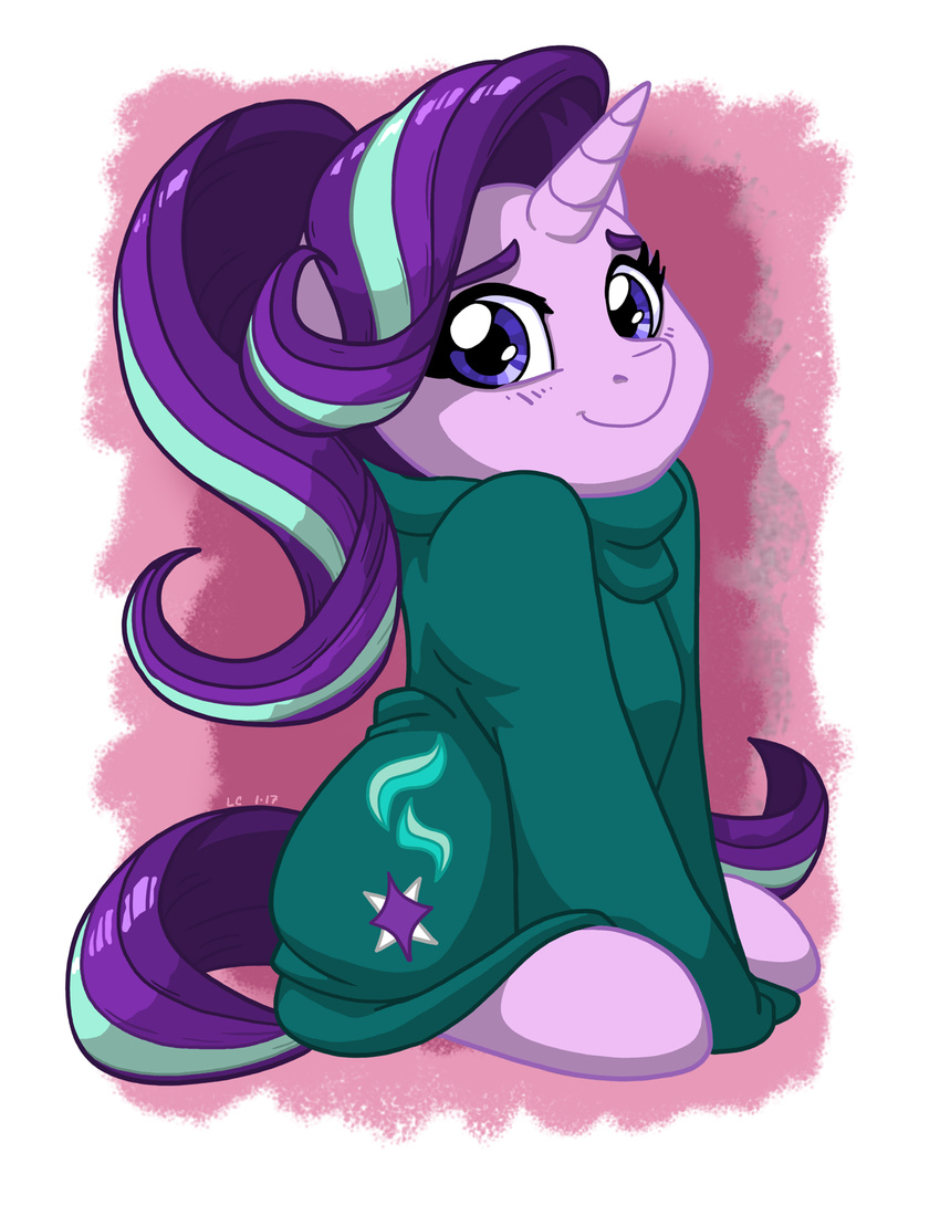 2017 ass clothing cutie_mark equid equine female feral friendship_is_magic hair hasbro hi_res horn latecustomer long_hair looking_at_viewer mammal multicolored_hair my_little_pony mythological_creature mythological_equine mythology ponytail pose purple_eyes sitting smile solo starlight_glimmer_(mlp) sweater topwear two_tone_hair unicorn