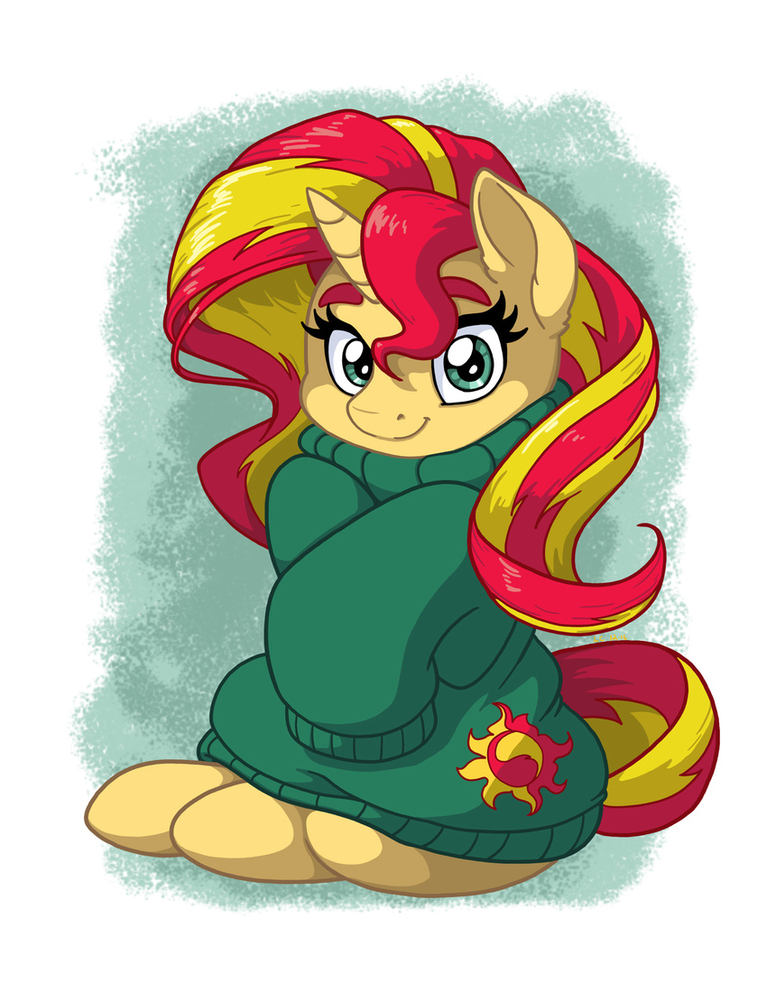 2016 cel_shading clothed clothing equestria_girls equid equine eyelashes female feral fur hair hasbro hi_res horn latecustomer looking_at_viewer mammal multicolored_hair my_little_pony mythological_creature mythological_equine mythology red_hair shaded simple_background sitting smile solo sunset_shimmer_(eg) sweater tan_body tan_fur teal_eyes toony topwear turtleneck unicorn