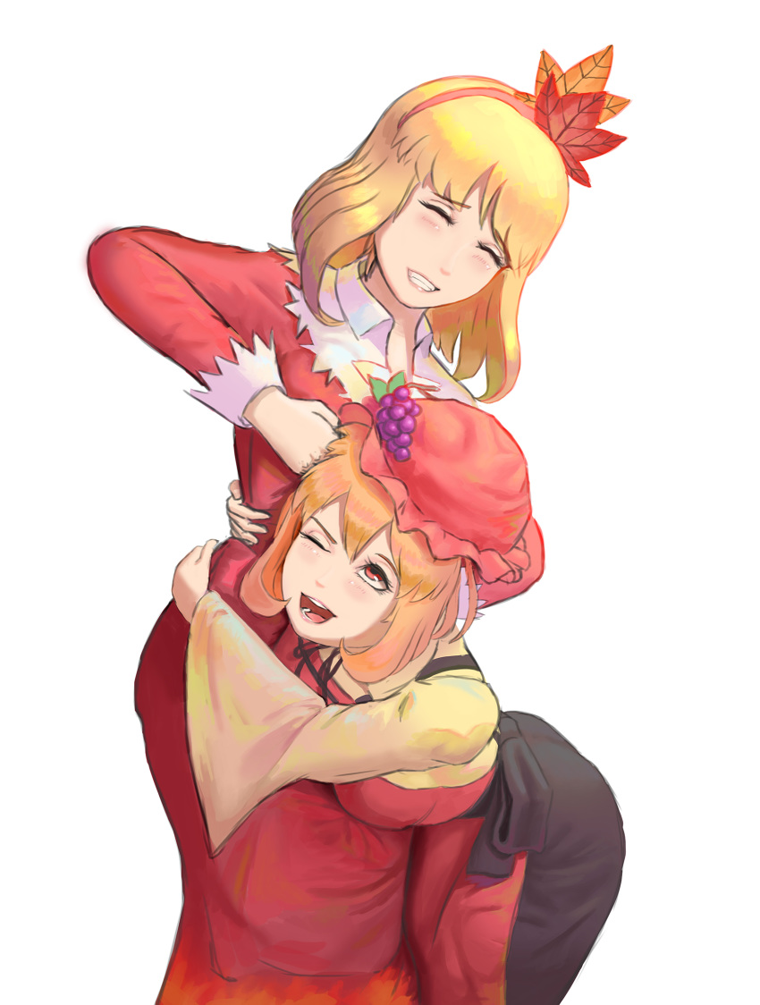 2girls aki_minoriko aki_shizuha blonde_hair closed_eyes commentary_request food fruit grapes hat highres hug mob_cap multiple_girls one_eye_closed red_eyes siblings sisters smile teasmacker touhou