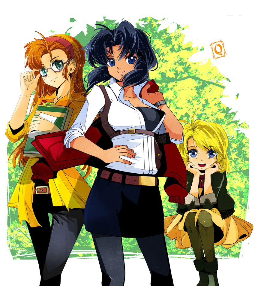 3girls absurdres becky_farrah black_hair black_legwear blonde_hair blue_eyes breasts brown_hair colorized commentary_request commission dark-skinned_female dark_skin freckles glasses green_eyes gunsmith_cats hairband hand_on_own_hip head_rest highres holster jacket jacket_over_shoulder large_breasts long_hair minnie_may_hopkins multiple_girls notebook pants pantyhose qsan90 rally_vincent semi-rimless_eyewear short_hair shoulder_holster sitting skirt sleeves_rolled_up smile under-rim_eyewear unworn_jacket