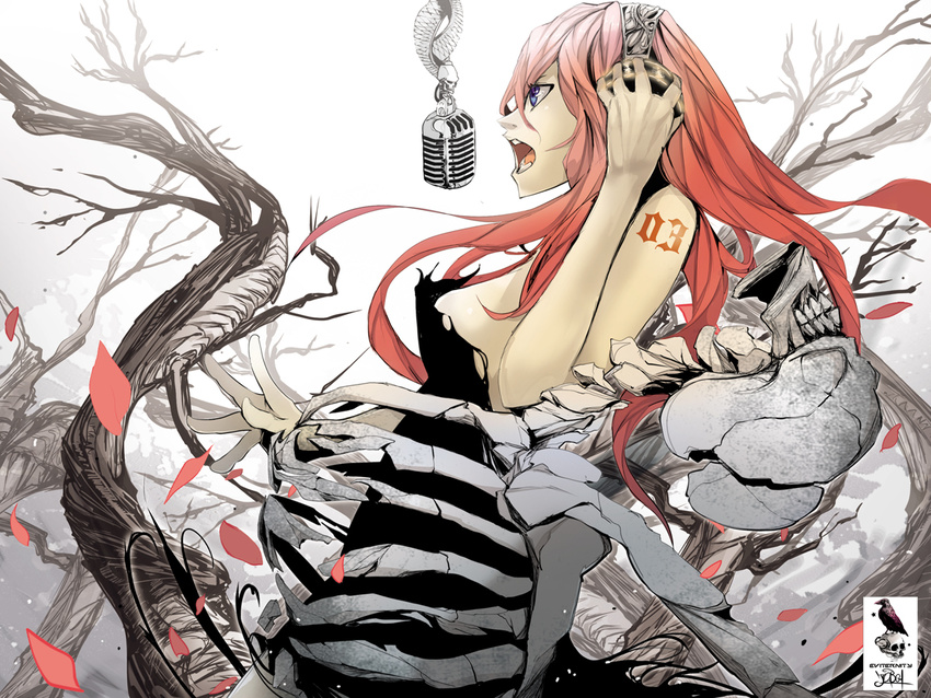 blue_eyes headphones jinbei megurine_luka microphone petals red_hair skull vocaloid