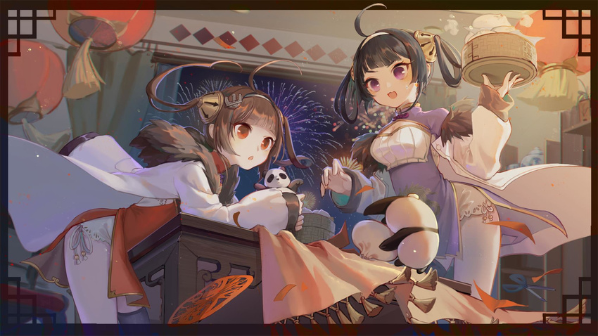 2girls :d :o aerial_fireworks ahoge animal azur_lane bamboo_steamer baozi black_hair black_thighhighs blunt_bangs brown_hair china_dress chinese_clothes commentary curtains dress fireworks food fur-trimmed_jacket fur_trim guan_tang_baozi hairband hairpods highres indoors jacket lantern lattice long_hair long_sleeves multiple_girls night night_sky ning_hai_(azur_lane) open_clothes open_jacket open_mouth panda paper_lantern parted_lips pelvic_curtain ping_hai_(azur_lane) purple_dress purple_eyes red_dress red_eyes scissors single_thighhigh sky sleeves_past_wrists smile standing sweat table thighhighs twintails v-shaped_eyebrows white_hairband white_jacket window