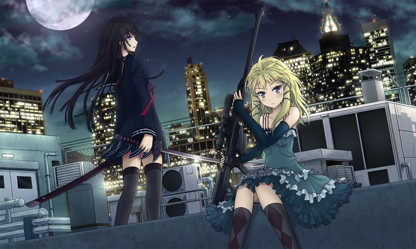 2girls asakurashinji black_bullet black_hair blonde_hair blue_eyes city dress elbow_gloves gun katana kneehighs long_hair moon night purple_eyes sword tendou_kisara thighhighs tina_sprout weapon