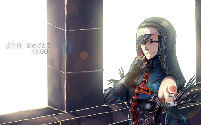 bad_id bad_pixiv_id black_hair bleedingsonata blue_eyes bridal_gauntlets castlevania_(series) castlevania_judgment cross eyelashes feathers female highres hood lens_flare nun photoshop_(medium) shanoa smile solo sunlight tattoo