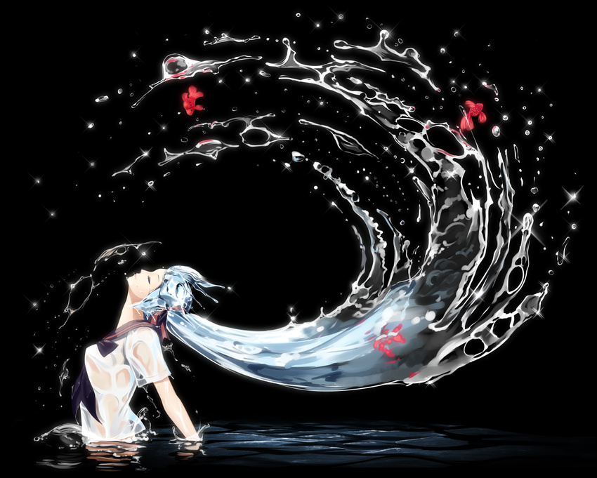 black_background blue_hair bon_nob bottle_miku closed_eyes commentary female fish hair_ribbon hatsune_miku liquid_hair long_hair partially_submerged revision ribbon school_uniform see-through serafuku solo splashing very_long_hair vocaloid water wet whipping_hair