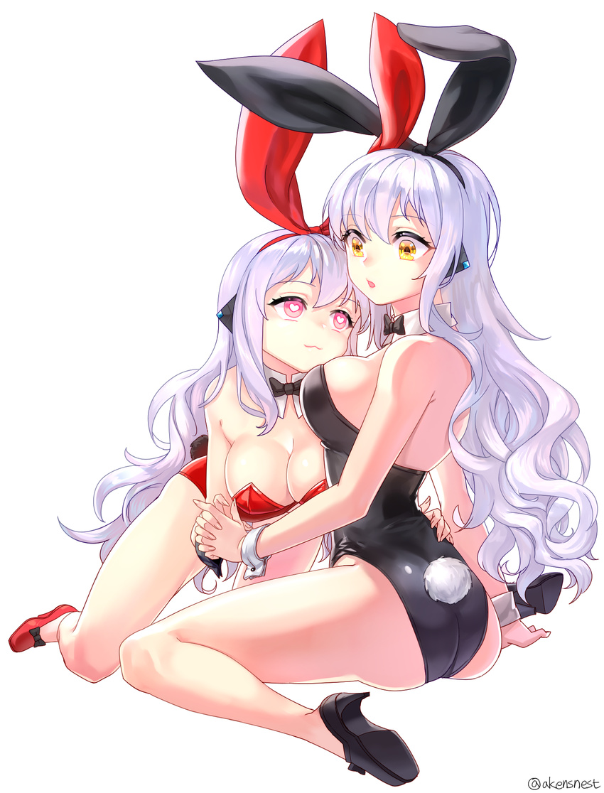 2girls aken animal_ears apple_(elsword) bare_legs bow bowtie breasts cleavage commentary_request detached_collar elsword eve_(elsword) highres large_breasts long_hair multiple_girls playboy_bunny rabbit_ears rabbit_tail red_eyes sitting tail wariza white_hair wrist_cuffs yellow_eyes