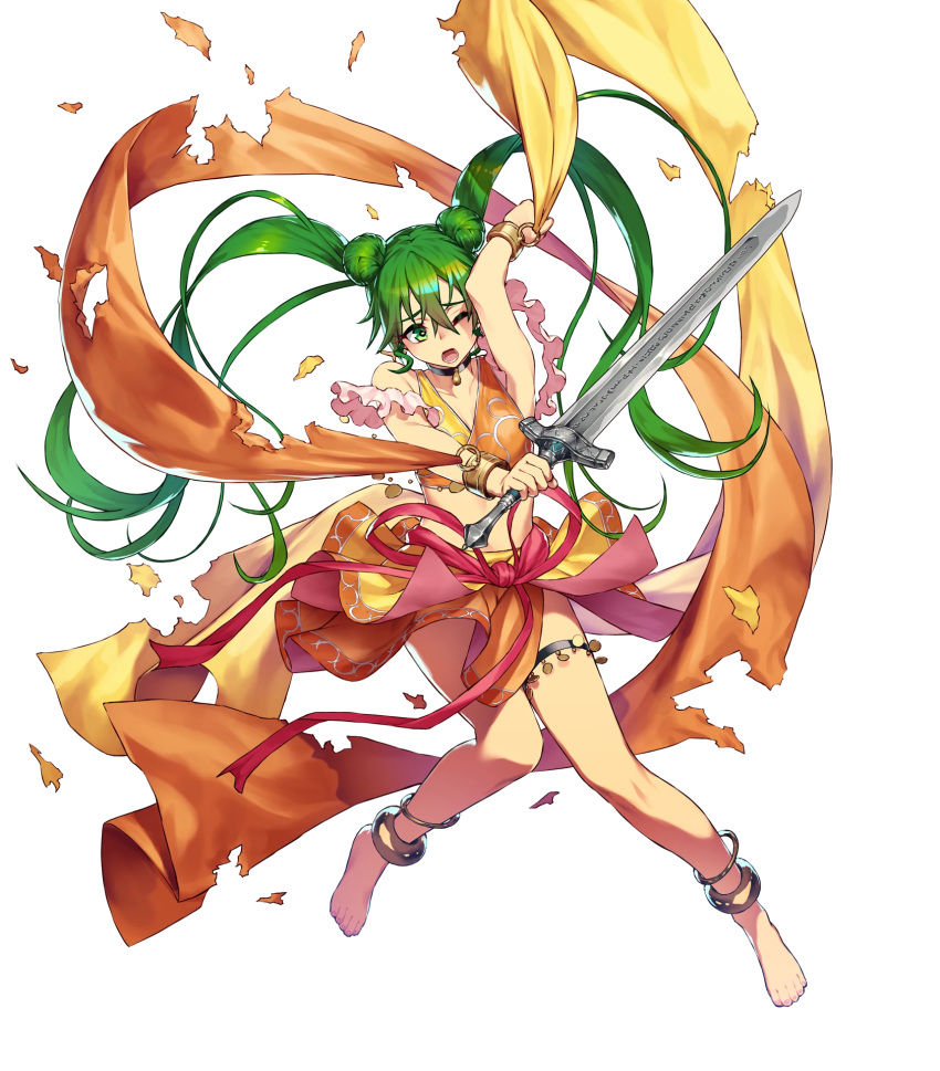 anklet arm_up bare_shoulders barefoot breasts choker chyko commentary_request dancer double_bun earrings female fire_emblem fire_emblem:_genealogy_of_the_holy_war fire_emblem_heroes full_body green_eyes green_hair hair_bun highres holding holding_sword holding_weapon jewelry long_hair medium_breasts midriff navel official_art one_eye_closed open_mouth silvia_(fire_emblem) skirt solo sword thigh_strap toes torn_clothes transparent_background twintails weapon