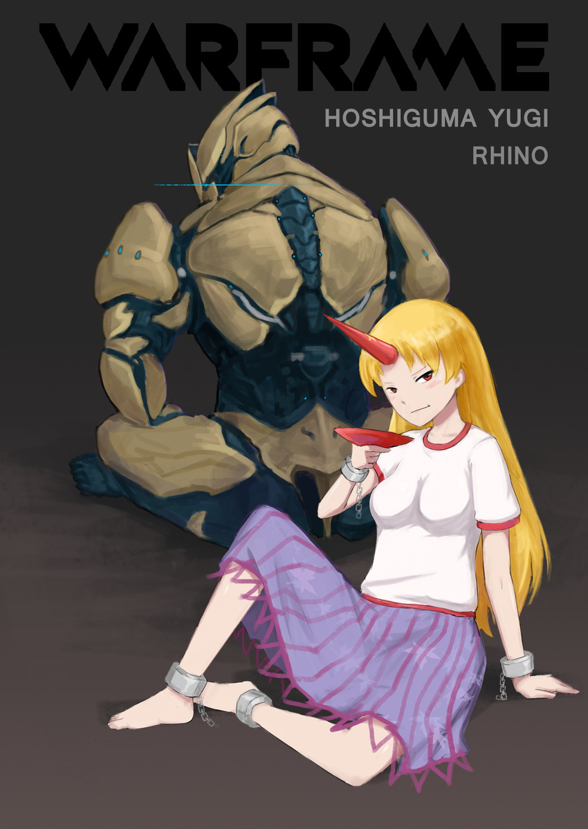 1boy alcohol ankle_cuffs back barefoot blonde_hair chains character_name commentary_request crossover cuffs cup dirty dirty_feet female highres horns hoshiguma_yuugi ikastep indian_style kneeling long_hair long_skirt looking_at_viewer looking_back oni photoshop_(medium) power_connection red_eyes rhino_(warframe) sakazuki sake shackles shirt single_horn sitting skirt smile touhou warframe white_shirt