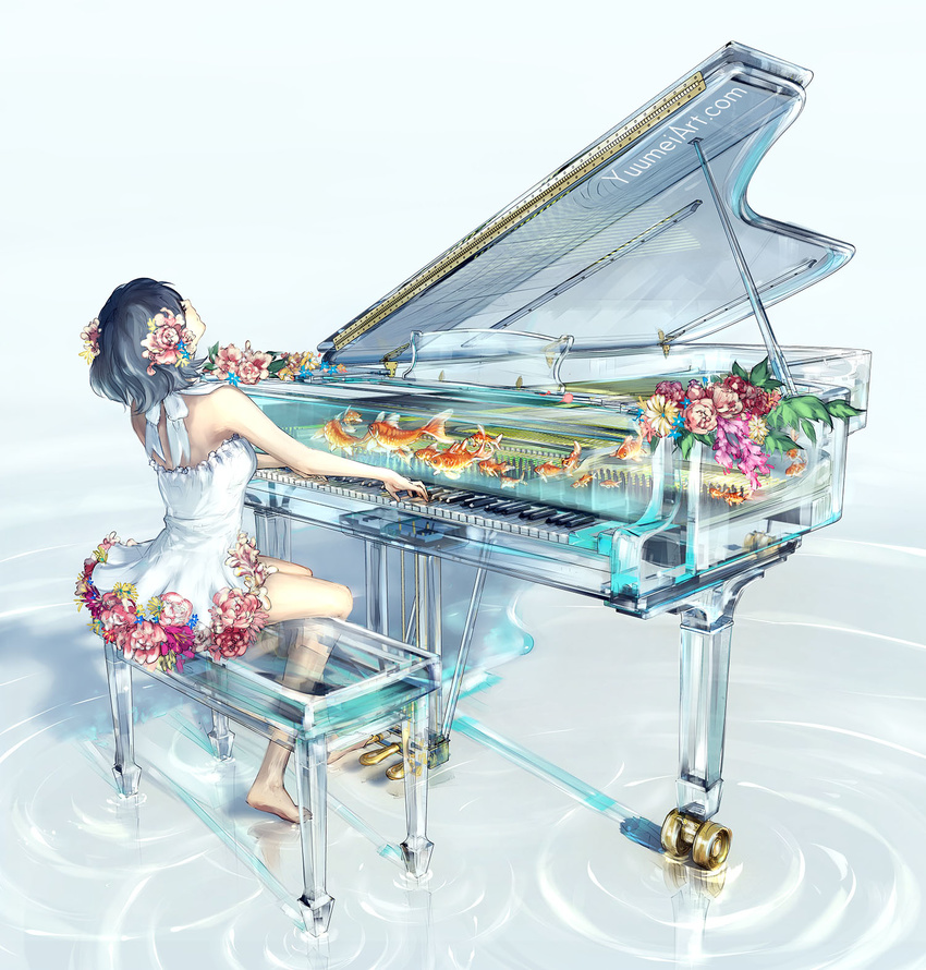 animal artist_name back bare_back bare_legs bare_shoulders barefoot black_hair breasts commentary dress english_commentary eyelashes facing_away facing_up female fish fish_tank flower flower_on_head flower_trim from_behind full_body goldfish grand_piano hair_flower hair_ornament halter_dress halterneck highres instrument looking_up music on_water original photoshop_(medium) piano piano_bench pink_flower playing_instrument playing_piano red_flower ripples short_hair sitting solo transparent transparent_seat water watermark web_address white_background white_dress yuumei