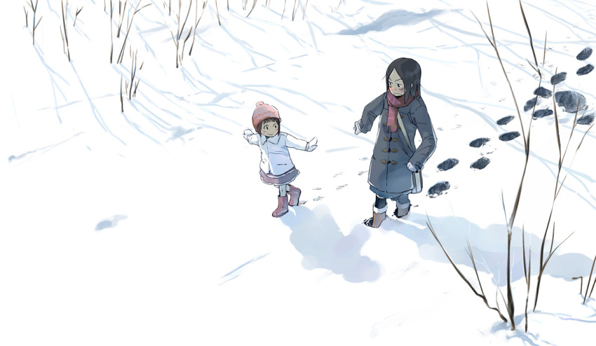 2girls bag beanie coat commentary_request footprints hat lolicon multiple_girls original scarf snow yukihiroyuki