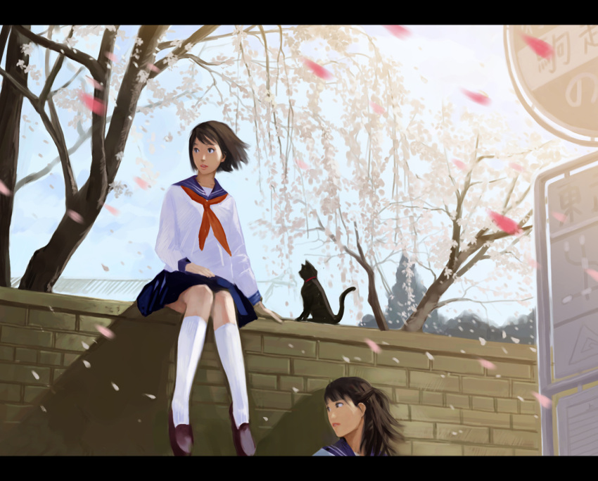 2girls brown_hair cherry_blossoms commentary_request copyright_request feline kiyohisa letterboxed multiple_girls school_uniform serafuku short_hair