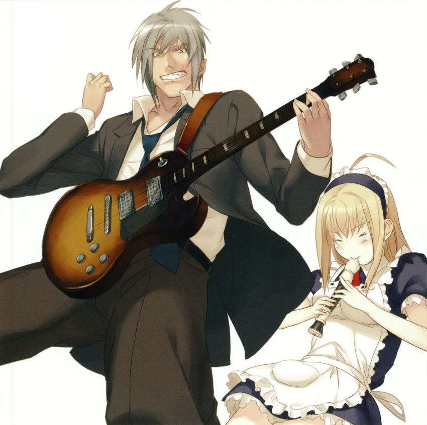 >_< 1boy ahoge angry anna_(gekkou_no_carnevale) blonde_hair blush clenched_teeth closed_eyes female flute formal gekkou_no_carnevale grey_hair guitar highres holding holding_flute holding_instrument instrument long_hair maid maid_headdress music necktie oosaki_shin'ya playing_instrument recorder romeo_(gekkou_no_carnevale) scan short_hair suit teeth yellow_eyes