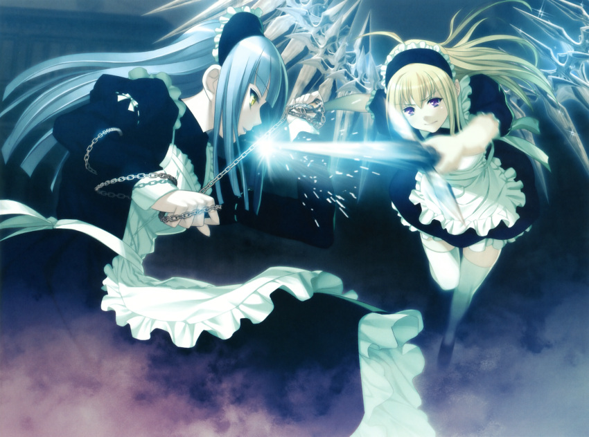 2girls ahoge anna_(gekkou_no_carnevale) battle blonde_hair chains dress duel gekkou_no_carnevale grey_hair highres long_hair maid multiple_girls oosaki_shin'ya perla purple_eyes scan sword thighhighs weapon white_thighhighs wings yellow_eyes zettai_ryouiki