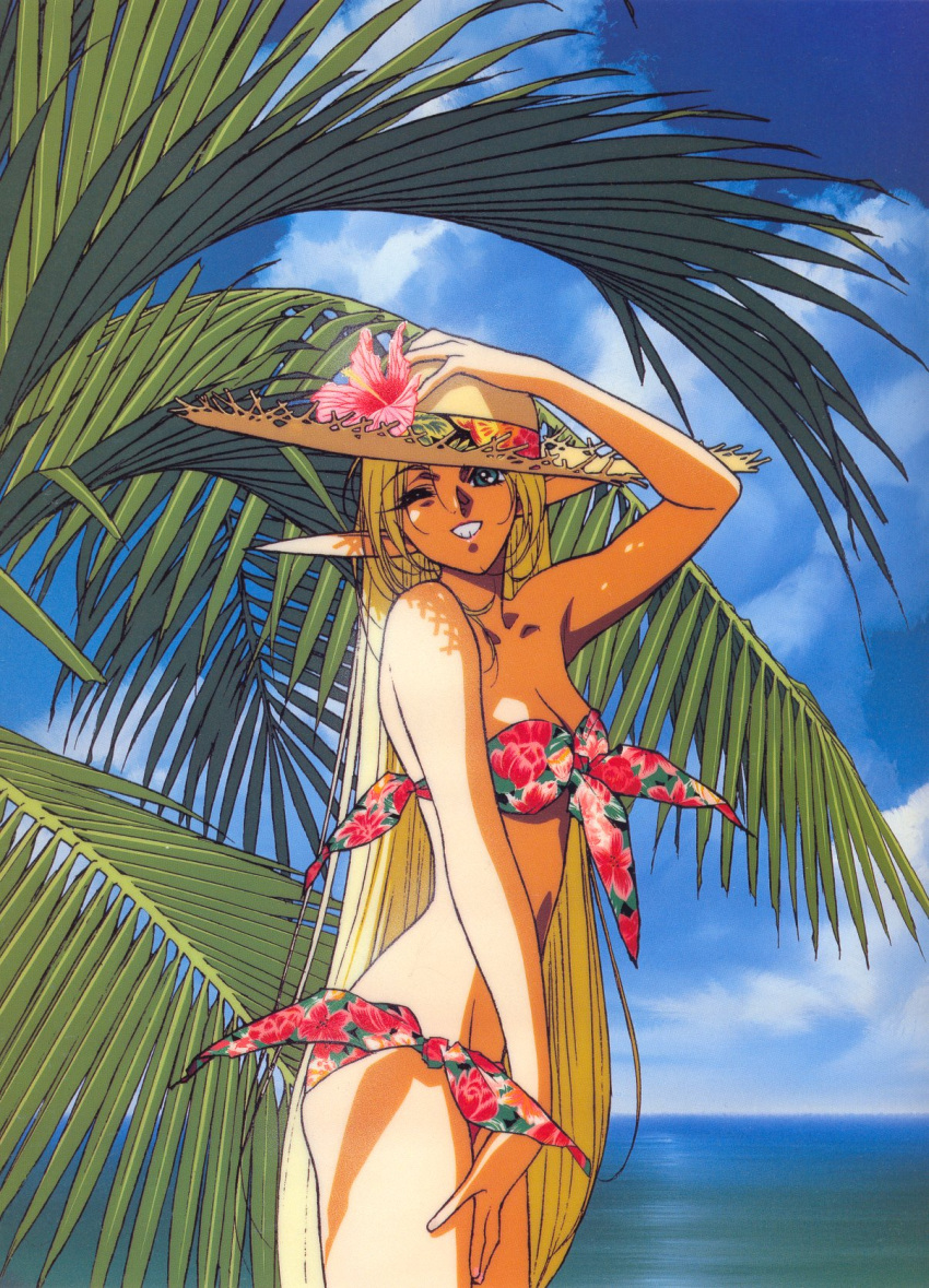 1990s_(style) bikini blonde_hair cloud day deedlit elf female green_eyes grin hat highres izubuchi_yutaka long_hair ocean official_art one_eye_closed outdoors palm_tree pointy_ears record_of_lodoss_war red_bikini retro_artstyle side-tie_bikini_bottom sky smile solo straw_hat swimsuit tree very_long_hair