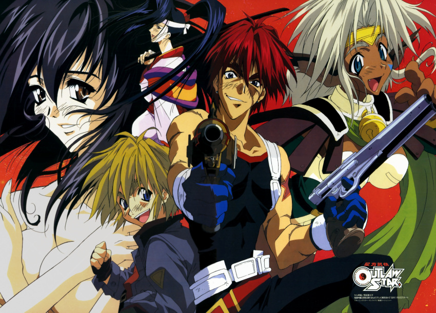 1990s_(style) 2boys 3girls aisha_clanclan animal_ears bell black_hair breast_hold breasts cat_ears circlet cleavage dark_skin everyone gene_starwind gun headband highres james_hawking japanese_clothes large_breasts long_hair melfina_(outlaw_star) multiple_boys multiple_girls nishida_asako nude oerba_yun_fang official_art outlaw_star red_hair retro_artstyle scan smile sword twilight_suzuka weapon