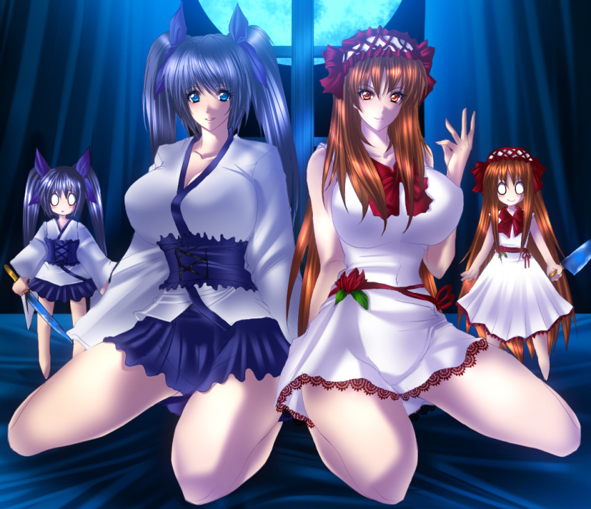 4girls bad_id bad_pixiv_id bannou_houchou-san barefoot blue_eyes blue_hair breasts brown_hair dress flower houchou-san_no_uwasa huge_breasts japanese_clothes juri_(shiningred) kimono knife lipstick long_hair makeup moon multiple_girls night o_o photoshop_(medium) ribbon sashimi_houchou-san smile sword twintails weapon yukata