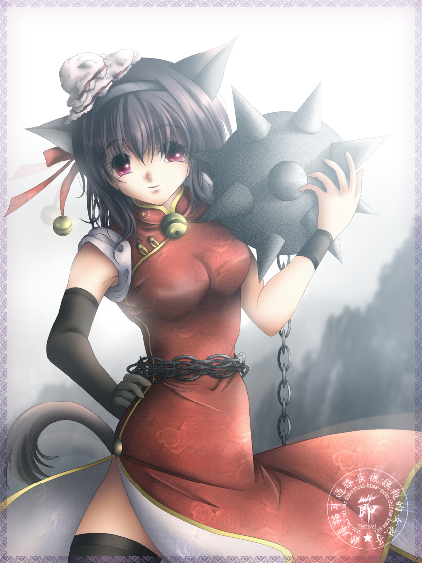 animal_ears ball_and_chain_(weapon) bell black_hair breasts cat_ears chains china china_dress chinese_clothes commentary_request copyright_request dress elbow_gloves female gisarme gloves hairband hand_on_own_hip hat highres impossible_clothes impossible_shirt jingle_bell large_breasts pink_eyes shirt solo spike_ball spiked_ball_and_chain spikes tail thighhighs weapon