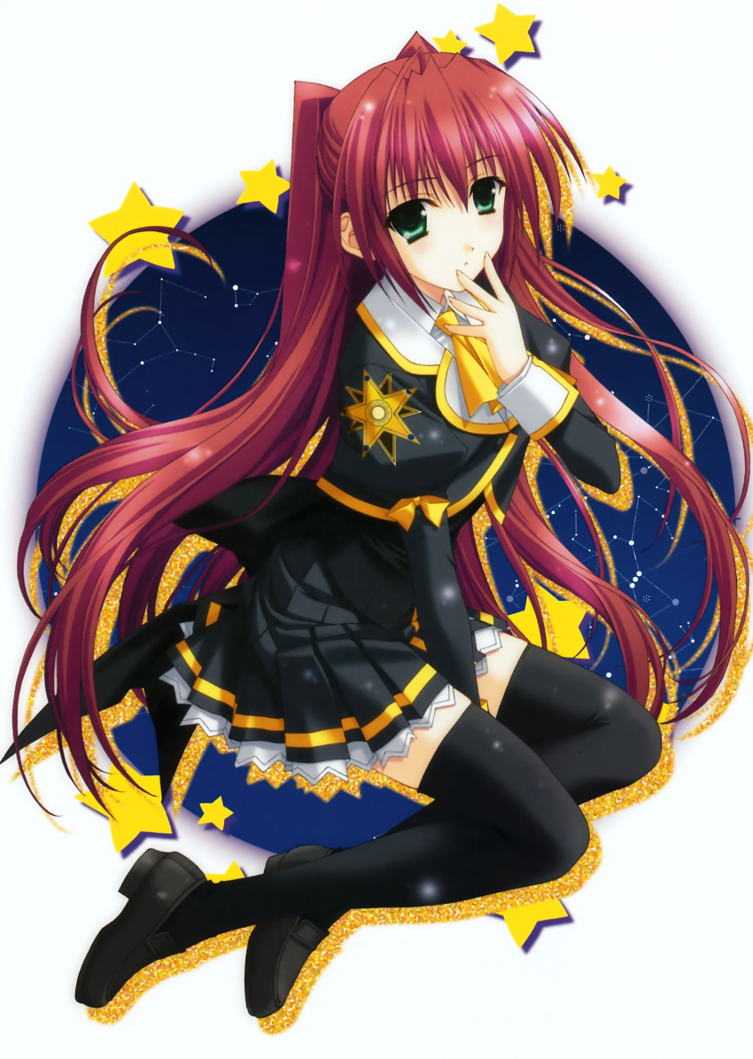 absurdres ascot black_footwear black_skirt black_thighhighs canis_minor_(constellation) circle constellation draco_(constellation) female green_eyes hand_on_own_face hand_to_own_mouth hand_up hercules_(constellation) highres izumi_sora juliet_sleeves kimizuka_aoi lepus_(constellation) loafers long_hair long_sleeves looking_at_viewer looking_to_the_side orion_(constellation) pleated_skirt puffy_sleeves red_hair school_uniform shoes sitting skirt sleeve_cuffs solo star_(symbol) star_map star_print stellar_theater taurus_(constellation) thighhighs very_long_hair yellow_ascot yokozuwari zettai_ryouiki