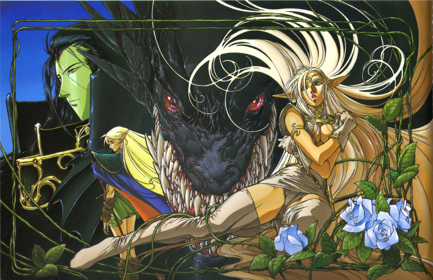 1990s_(style) 1boy 2girls absurdres armband ashram_(lodoss) blonde_hair blue_flower blue_rose boots breast_hold breasts circlet cleavage dark_skin deedlit dragon elf flower gloves green_eyes highres izubuchi_yutaka kneeling large_breasts long_hair miniskirt multiple_girls narse_(lodoss) open_mouth pirotess pointy_ears record_of_lodoss_war retro_artstyle rose scan skirt sword thigh_boots thighhighs thorns upskirt very_long_hair weapon white_hair