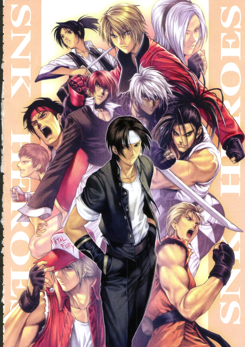 6+boys androgynous artbook ash_crimson bakumatsu_rouman baseball_cap buriki_one crossover fatal_fury fatal_fury_cap fuu'un garou:_mark_of_the_wolves haoumaru hat highres homare_(fool's_art) k'_(kof) kaede_(bakumatsu_rouman) kizuna_encounter kusanagi_kyou male_focus multiple_boys multiple_crossover rock_howard ryou_sakazaki ryuuko_no_ken samurai_spirits savage_reign scan sho_hayate snk tendou_gai terry_bogard the_king_of_fighters yagami_iori