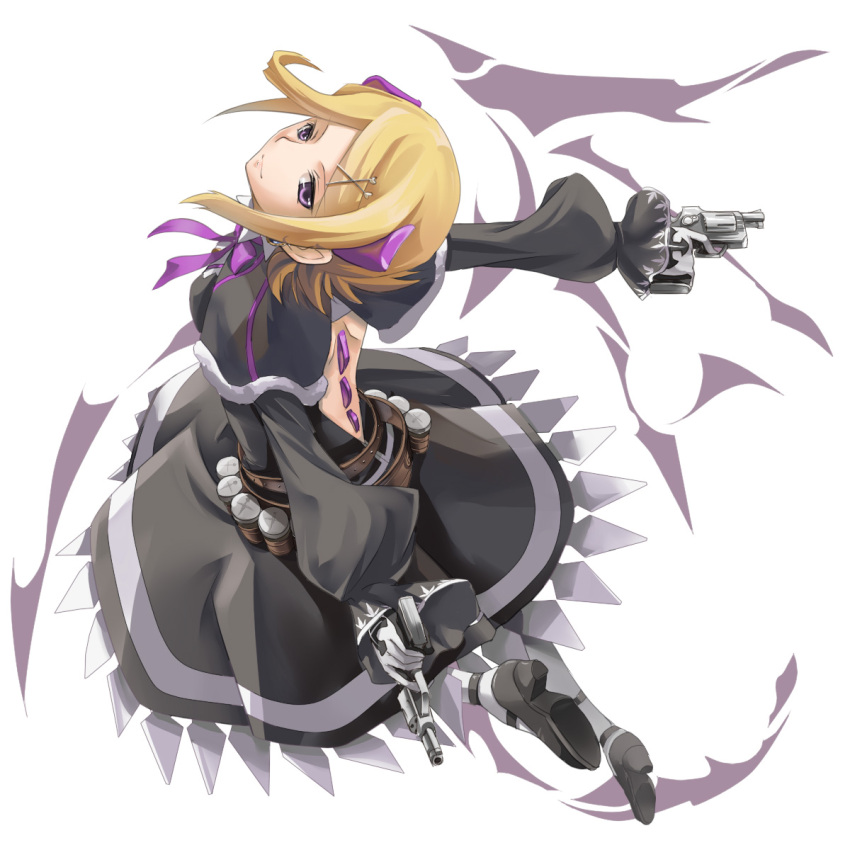 arched_back blonde_hair commentary_request dragon_girl dual_wielding female gun hair_ornament hairclip handgun highres holding kazuki_sanbi lia_dragonell monster_girl purple_eyes revolver ribbon solo weapon world_destruction