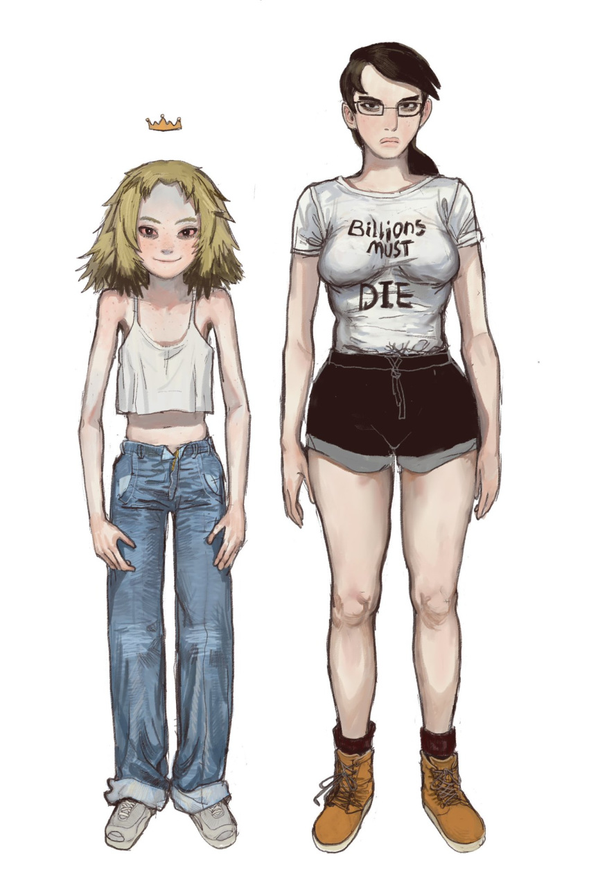 2girls billions_must_die_(meme) chud chuddette_(mossa) coomer english_text eye_bags female female_focus female_only flat_chest freckles funny genderswap_(mtf) glasses looking_at_viewer meme mossa reference rule_63 shorts small_breasts soyjak spats text wojak wojak_comics