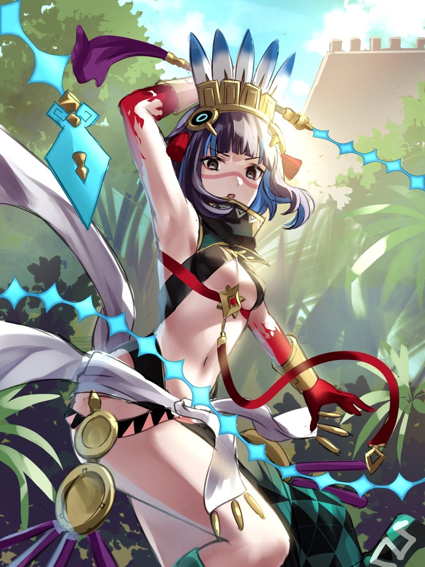 arm_up black_eyes black_hair blue_hair blue_sky blunt_bangs bracelet breasts cloud colored_inner_hair commentary_request day facial_mark fate/grand_order fate_(series) feather_hair_ornament feathers female gyoza_(pi512126) hair_ornament highres holding holding_weapon holding_whip jewelry looking_at_viewer medium_breasts multicolored_hair navel outdoors short_hair sky solo stomach tenochtitlan_(fate) tenochtitlan_(first_ascension)_(fate) two-tone_hair weapon whip